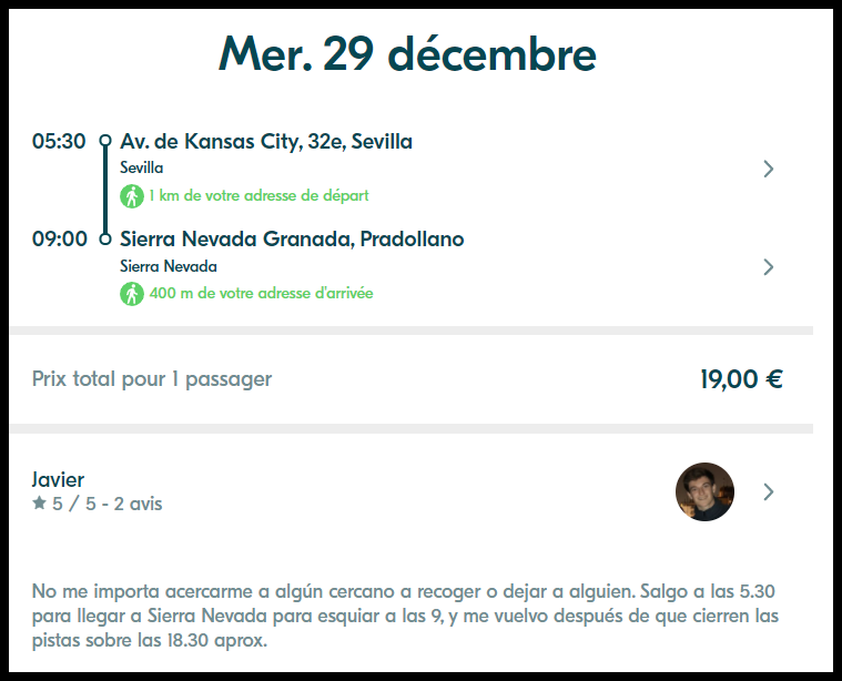 Example of Blablacar from Sevilla